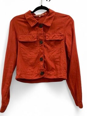 CI SONO Women's Orange Button Front Short Jacket Collared Pockets Cropped S